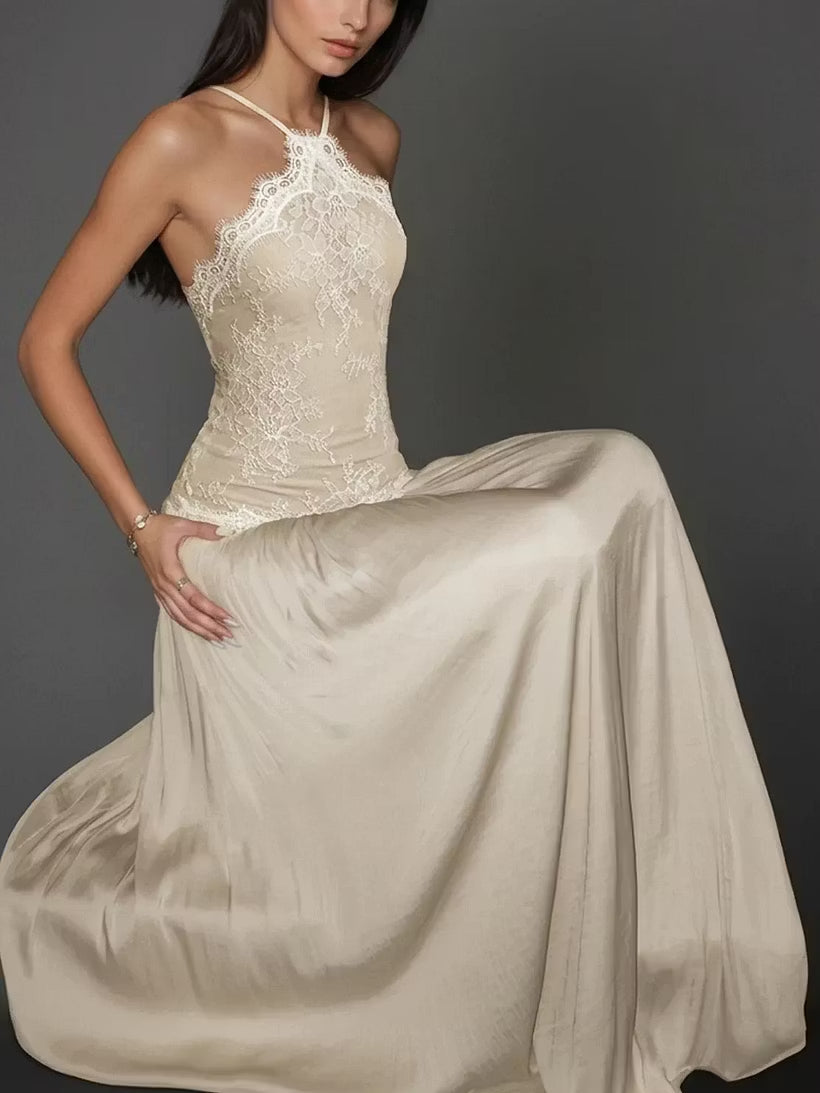 Champagne Lace Halter | Satin Gown