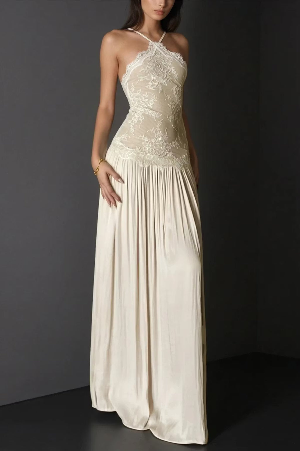 Champagne Lace Halter | Satin Gown