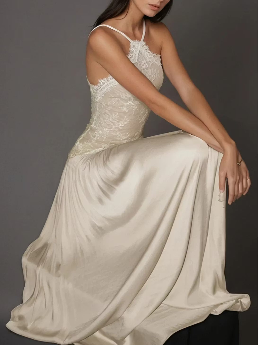 Champagne Lace Halter | Satin Gown