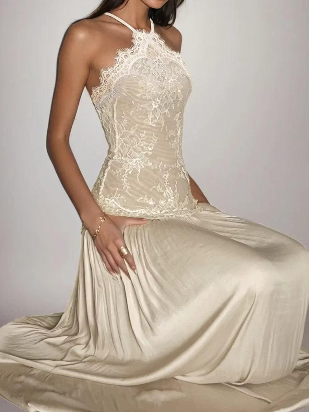 Champagne Lace Halter | Satin Gown